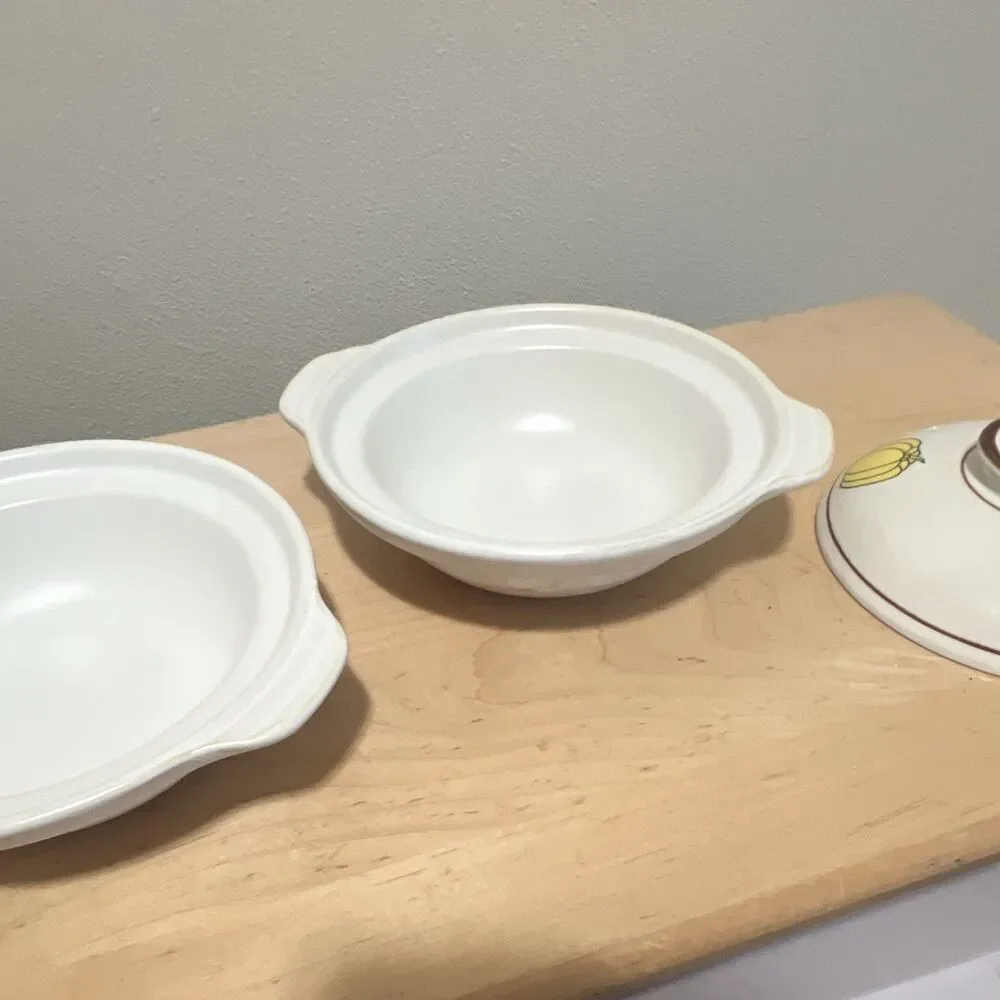 2 Round White Casserole Dishes w/ Lids, Vegetable Pattern, Glossy Finish Donabe